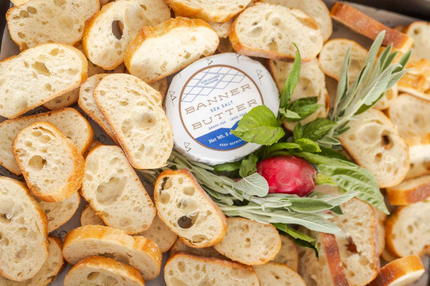 Fresh-Baked Baguette with Sea Salt Butter & Radishes — Serves 8–12 | Rustic, Elegant & Made to Order